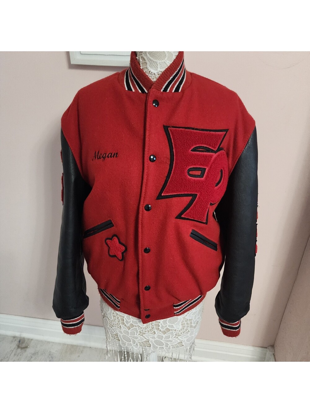Vintage Red and Black Leather Sleeve Letterman Jacket with Custom Embroidery
